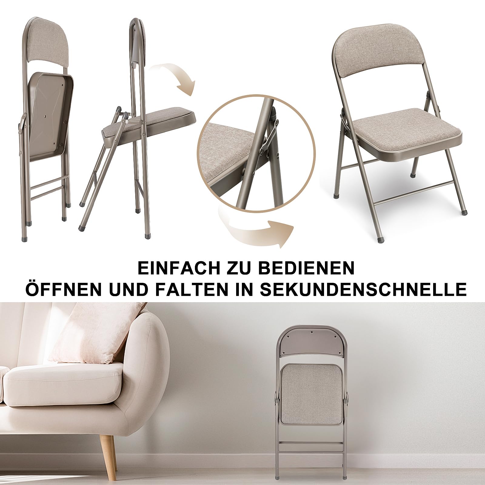 Gartenstühle Stapelbar 4er Set Metall Klappstuhl Outdoor bis 150 kg mit Stoff-Kissen