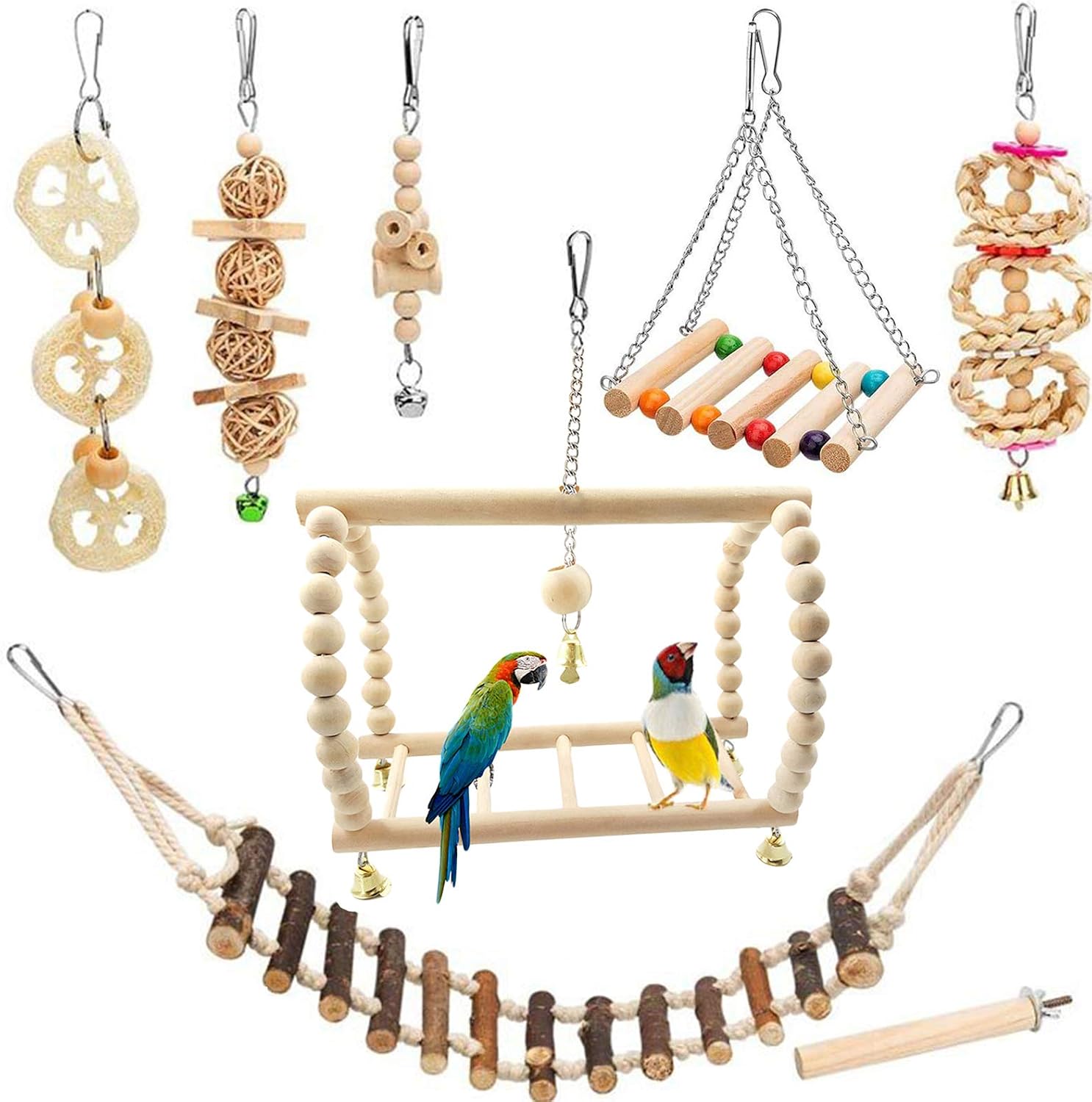 Diaertiny Bird Parrot Swing Chewing Toys 8 Pack Natural Safety Wood for Small Parakeets, Cockatiels, Finches,Budgie and Small&Medium Birds