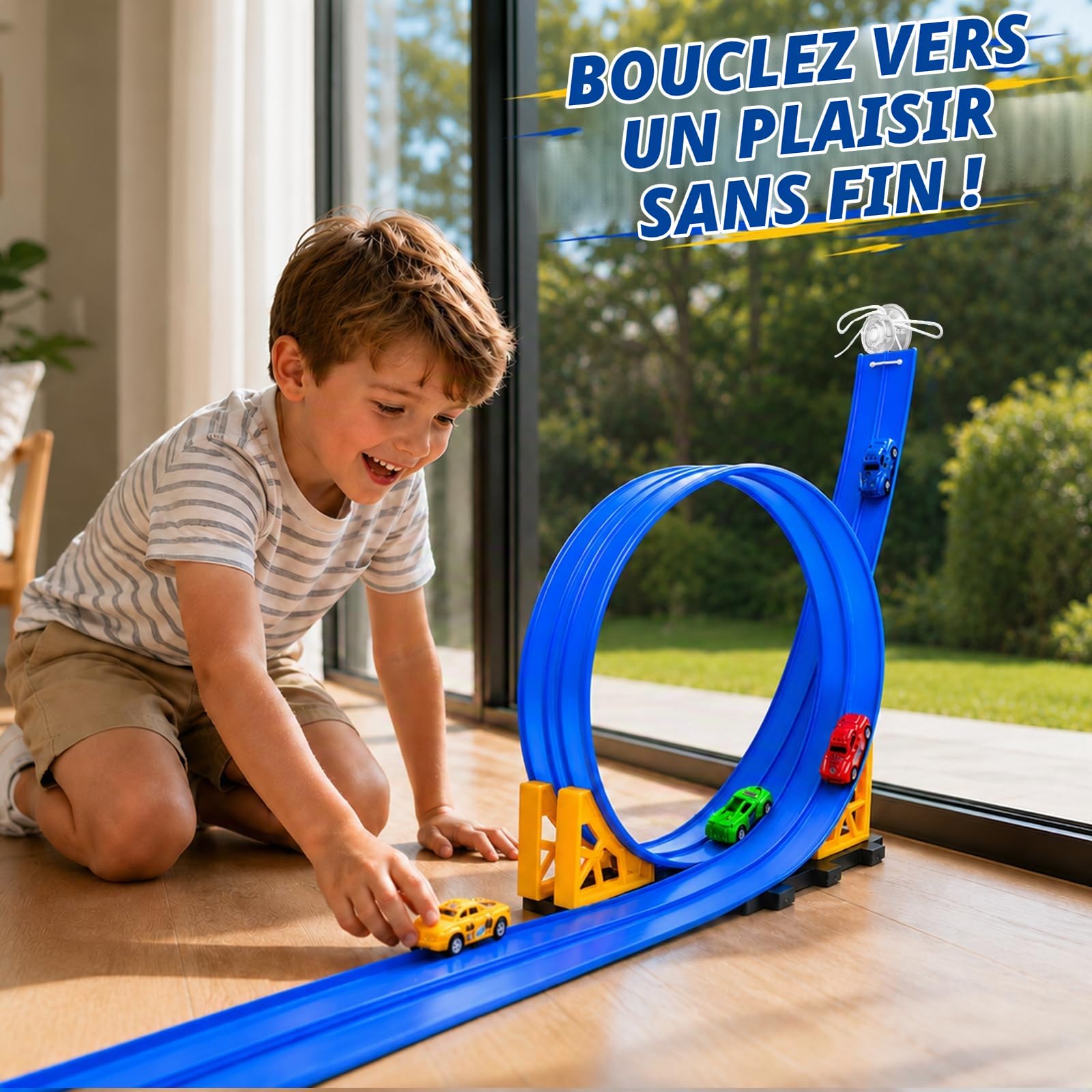 BunnyJOY Circuits de Course de Voitures Flexibles 4,5 m, Circuit Voiture Enfant Double Voie avec 4 Voitures, Piste de Course Flexible Portable et Enroulable, Jouet Garçon Fille 3 4 5 6 Ans