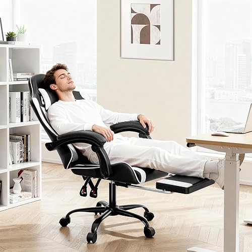 Miniatura 4 de MoNiBloom Silla de juegos con reposacabezas y soporte lumbar, silla ergonómica de carreras para computadora con reposapiés, silla giratoria de cuero