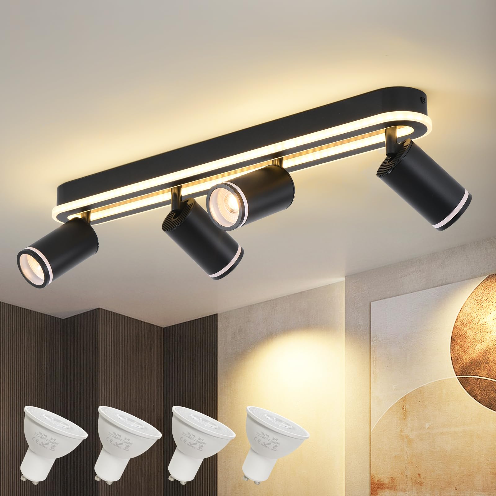 SANSHI Faretti da Soffitto Orientabili Interno LED 4 Luce,Faretti da Parete con Inferiore 36W+4x5W,GU10 Lampadario Faretti,Moderna Plafoniera Faretti Bianco Caldo 3000K per Cameretta Cucina Barra,Nero