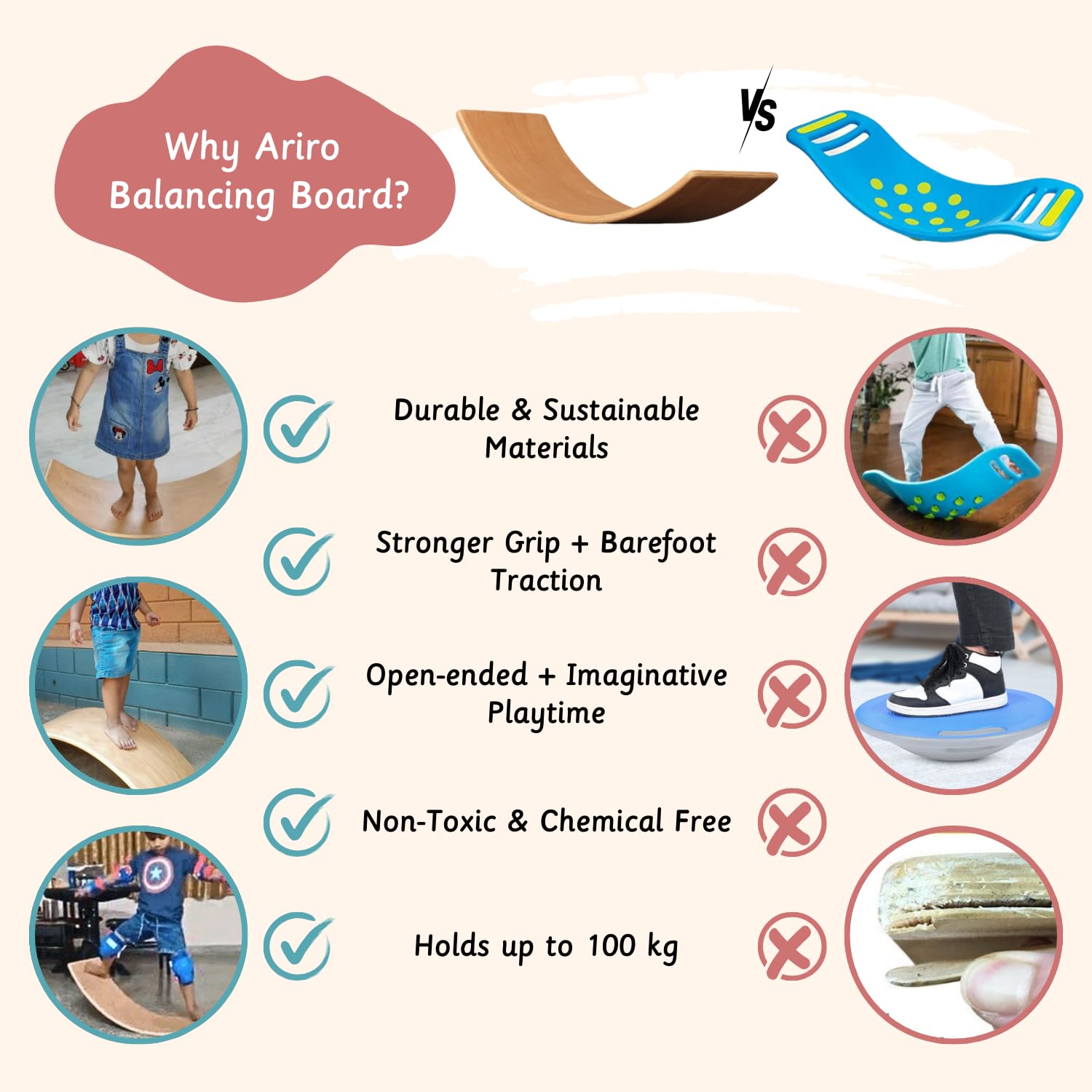 Ariro Wooden Balance Board for Toddlers & Kids | Montessori Wobble Board for Indoor Play | Builds Balance, Confidence & Creativity | Beech Wood | For Ages 9M to Adult | Eco-Friendly DIY Toy - Image 2 thumbnail