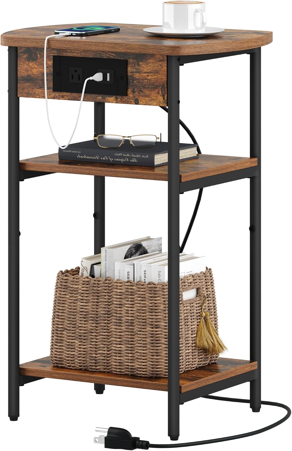 End Table with Charging Station, 3 Tier Storage Bed Side Table with USB Port & Outlet, Nightstand for Living Room, Bedroom, Narrow Side Table, Rustic Brown and Black ET05201B