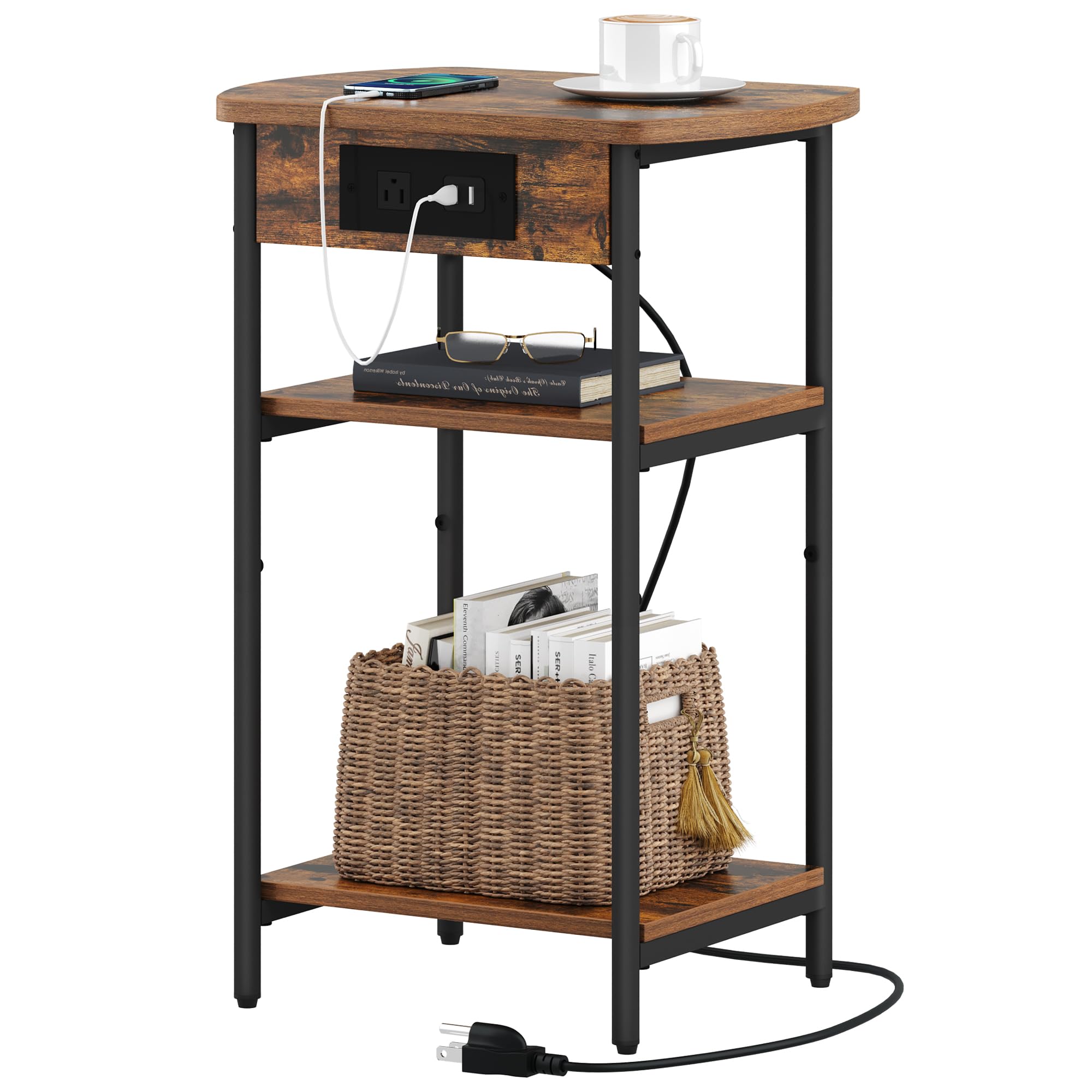 End Table with Charging Station, 3 Tier Storage Bed Side Table with USB Port & Outlet, Nightstand for Living Room, Bedroom, Narrow Side Table, Rustic Brown and Black ET05201B