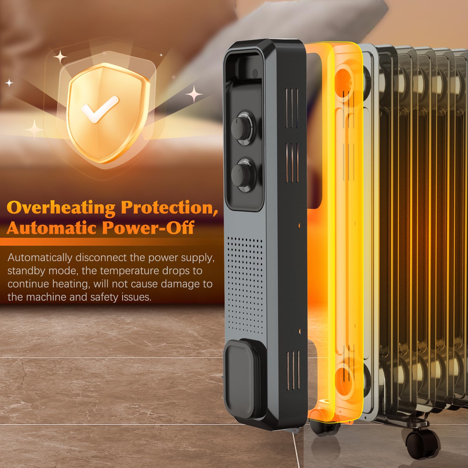1500W Oil Filled Radiator Heater, Portable Electric Heater for Indoor with Adjustable Thermostat, 3 Heat Setting Radiator Heater Overheat & Tip-Over Protection