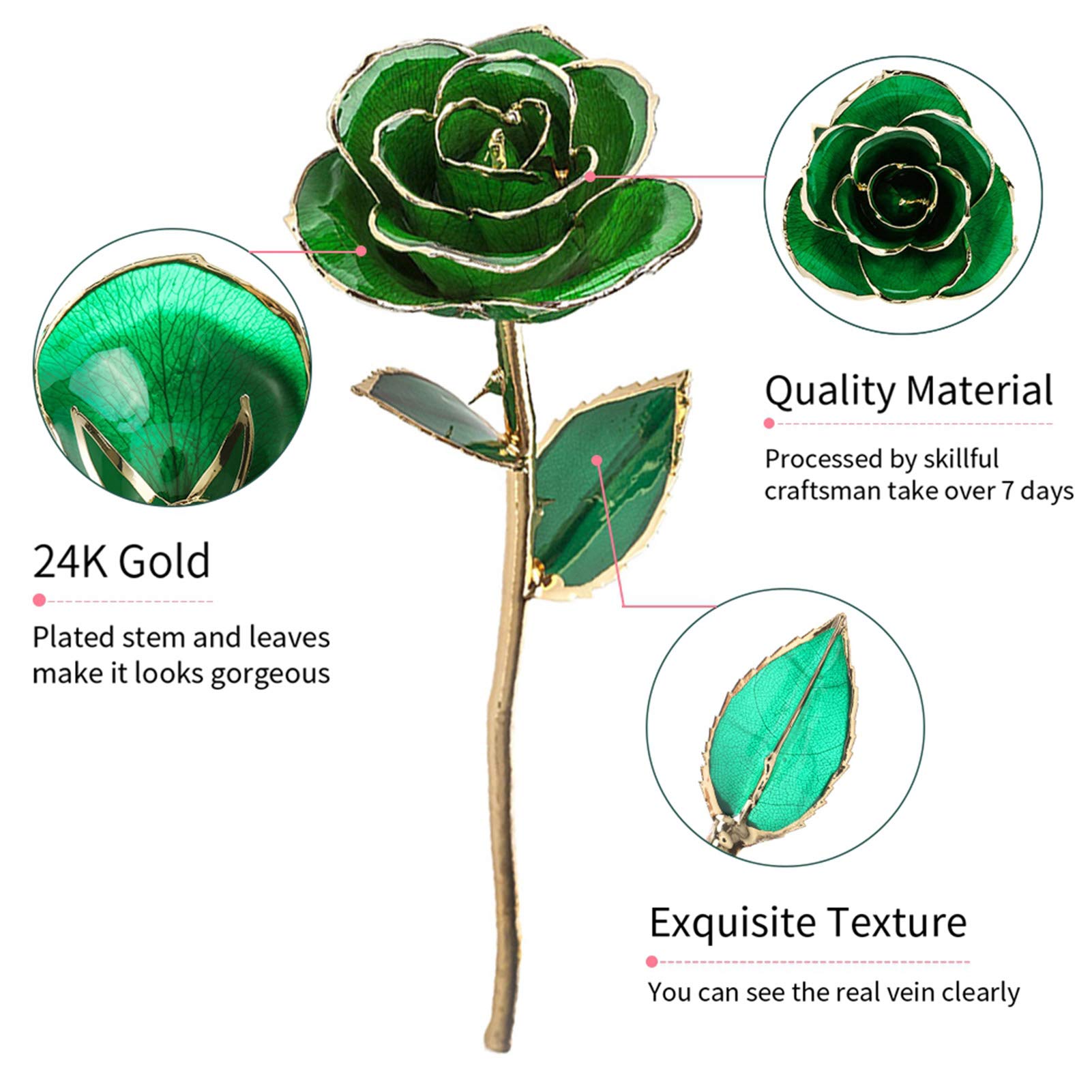 LiebeWH Fiore di Rosa Verde per Sempre Rosa Immersa Placcata in Oro 24k con Decorazioni Artigianali a Foglia e Base