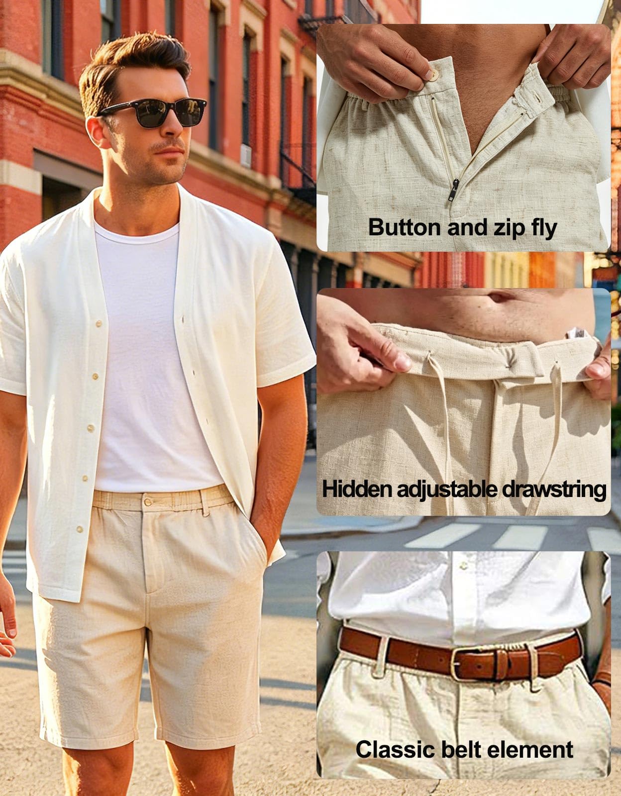 Halfword Lino Bermudas Cortos para Hombre Verano Casual Ligeros Elásticos