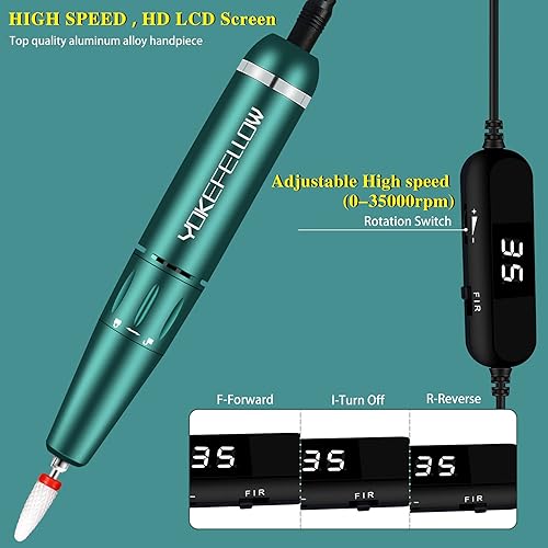 Miniatura 2 de YOKE FELLOW Taladro de uñas acrílico, 35000 rpm, portátil, USB, manicura, lijadora, pulidora de uñas Efile para uñas acrílicas, verde