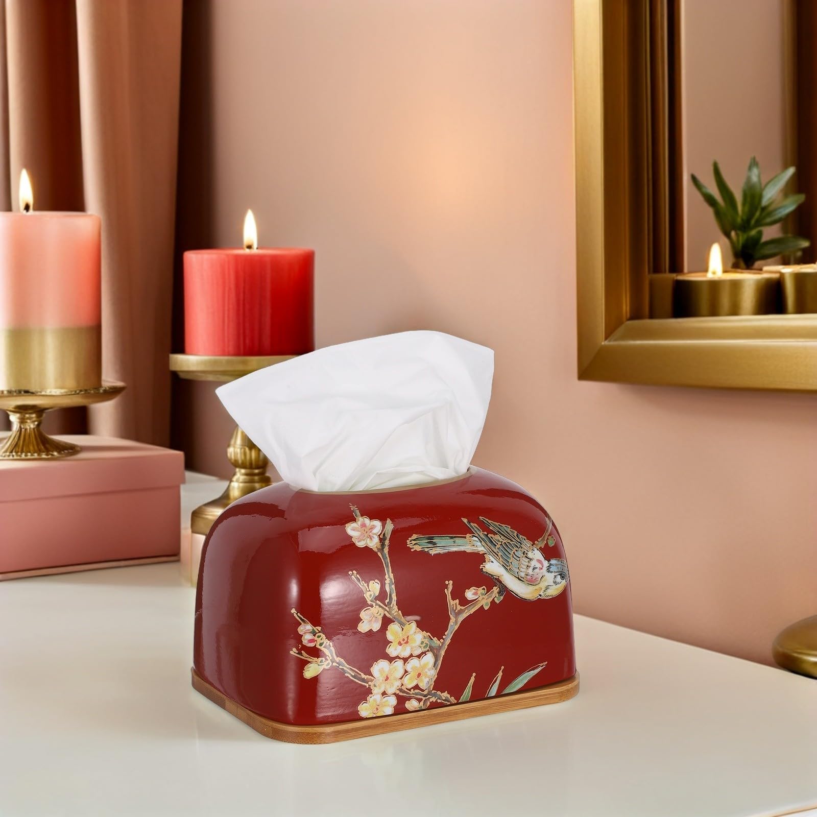 Mipcase Scatola Fazzoletti in Ceramica, Porta Fazzoletti in Ceramica Artistica Rettangolare Rosso, con Coperchio, Antipolvere, Motivo Gazza Cinese, per Cucina e Inaugurazione Casa