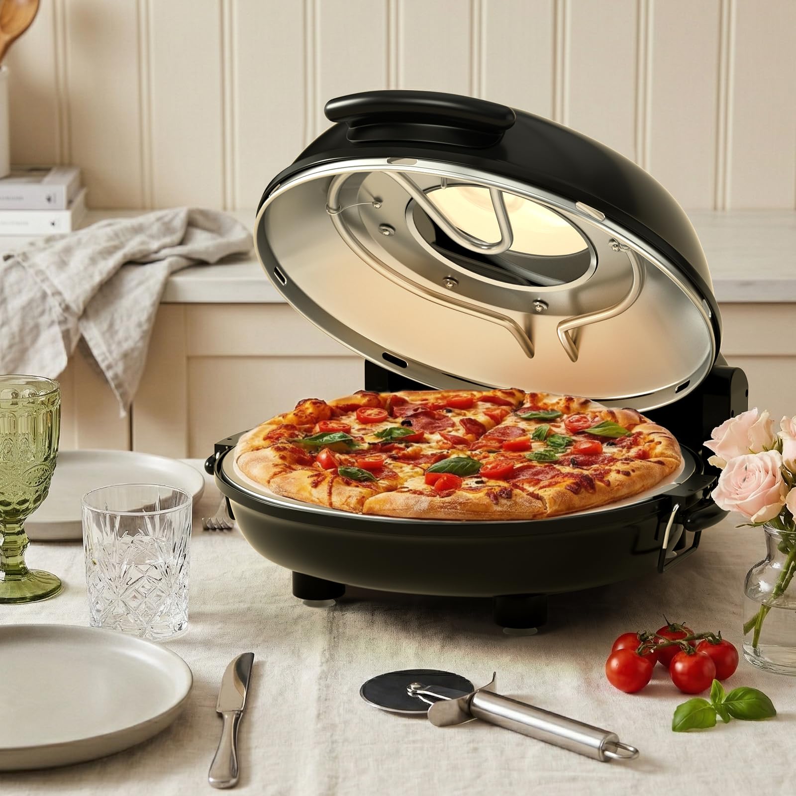 Elektrischer Pizzaofen 427°C / 800°F, 30cm Naturkeramik Pizzastein, Doppelte Temperaturregler mit Thermometer, Schnellaufheizung mit Sichtfenster,Pizzabackofen für zu Hause, knusprige Pizza 6 Minuten