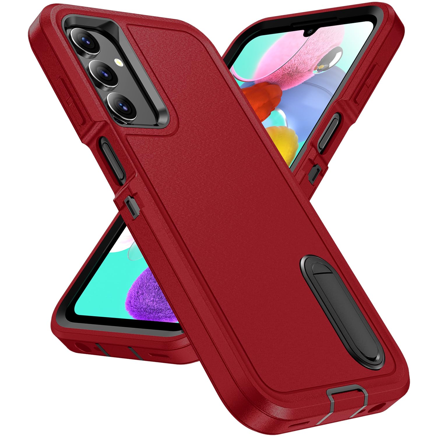 Fucozan Galaxy A15 5G Case with Kickstand, 3-Layer Military Grade Protective Case, Silicone Shockproof, Red+Black