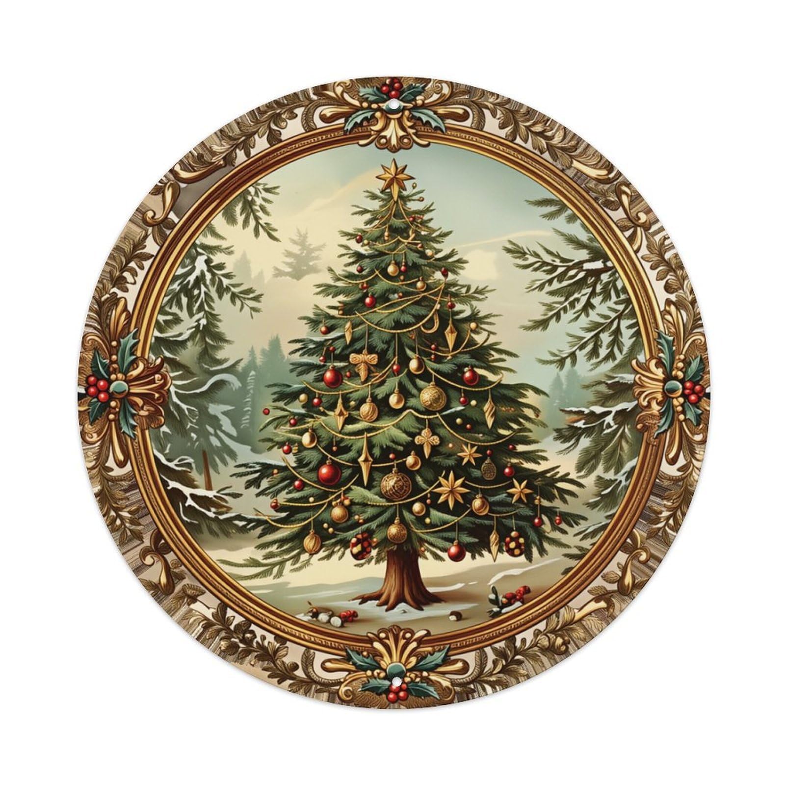 Christmas Tree Winter Scene Ornament Round Tin Sign Retro Metal Sign for Cafe Bar Pub Home Game Room Gym Club Wall Decoration Vintage Metal Poster 8x8 Inch