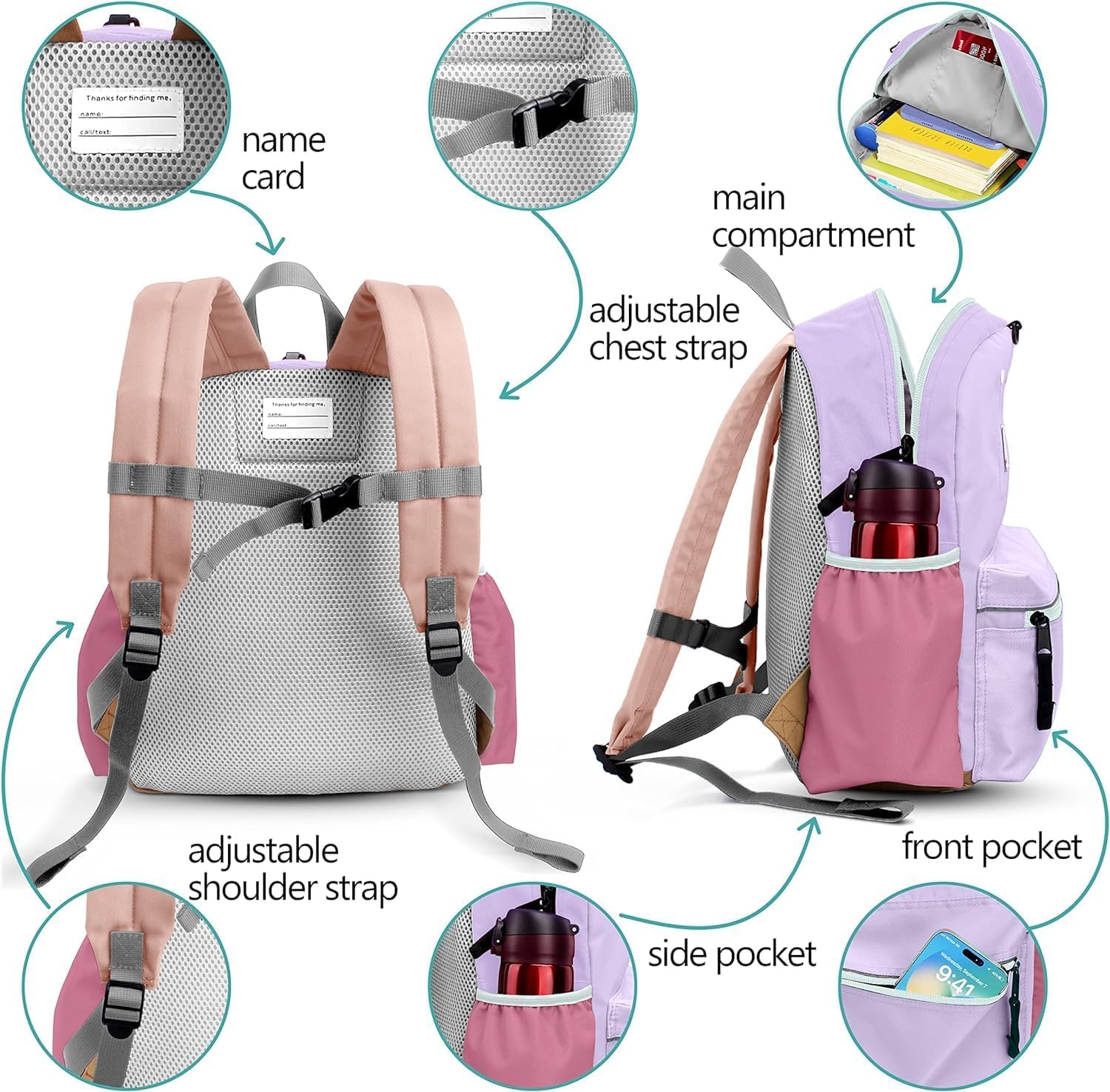 Kids Backpacks, Unisex, Purple, 15" H, 1L, Modern, Animal Theme, 6-9 Years, Elementary School, Travel, 1.9" W x 0.78" D - Image 5