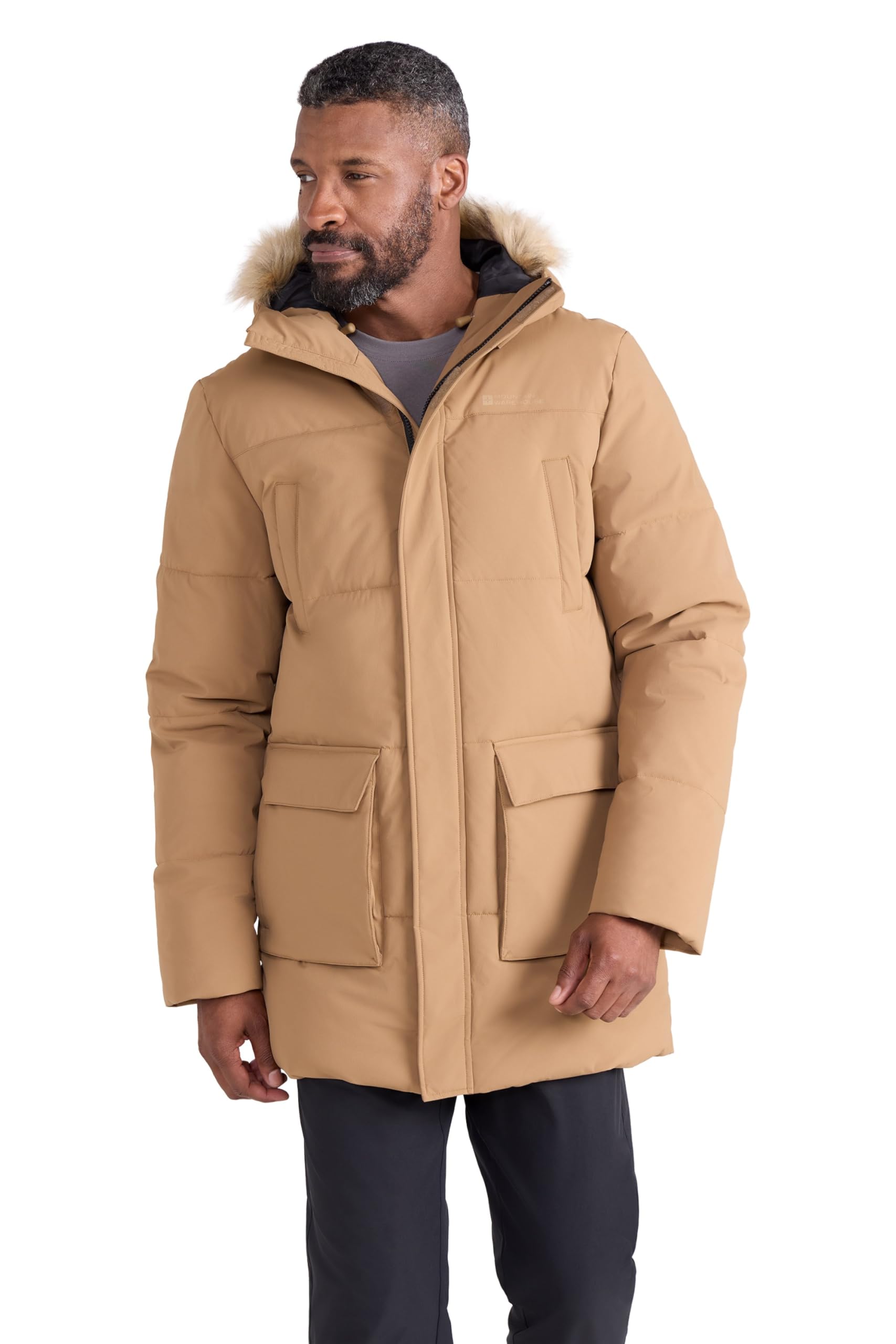 Mountain Warehouse Fern Mens Water Resistant Padded Parka - Thermal Tested -50 ° Puffer Coat with Elastic Cuff & Hood - Spring Summer Camping & Outdoors Tan L