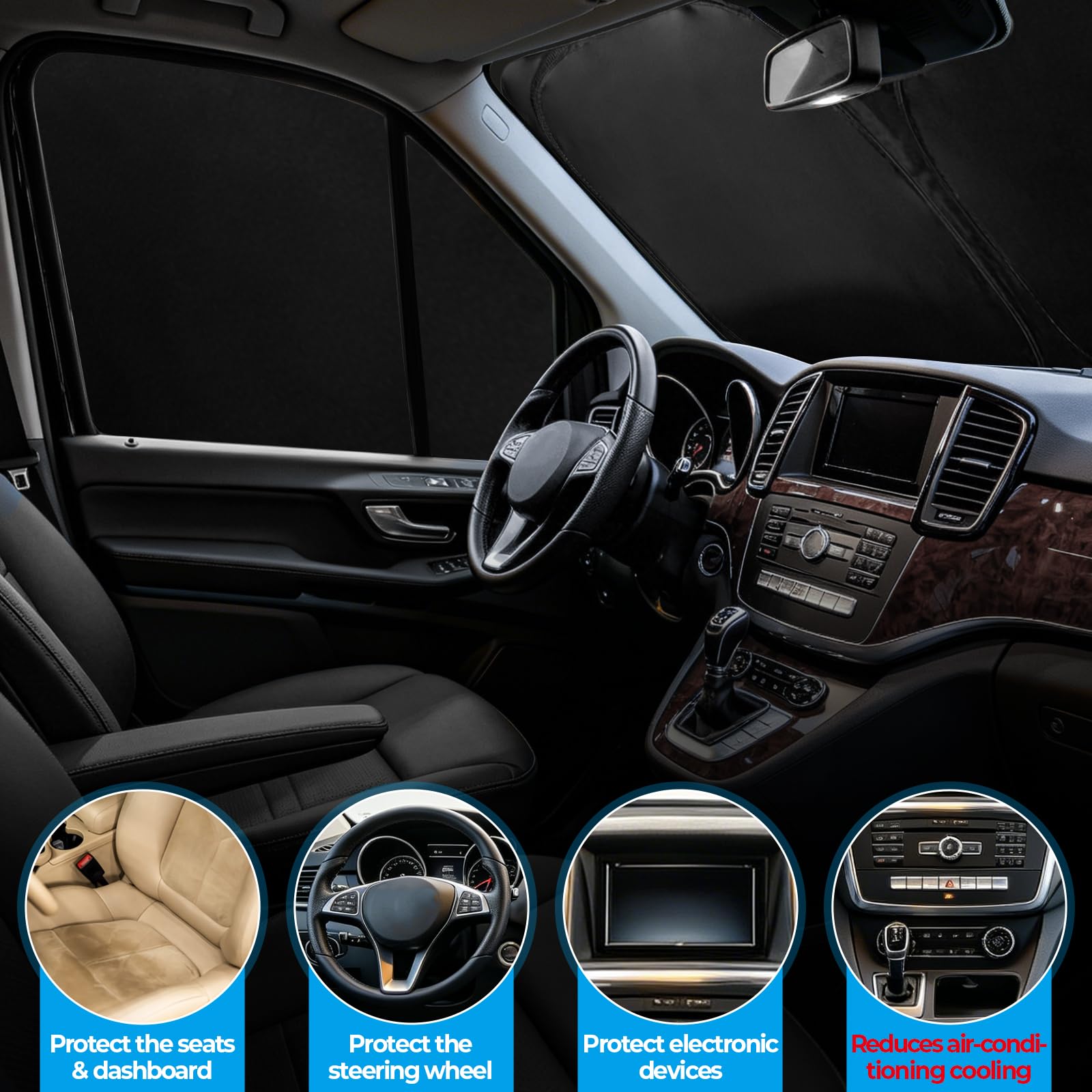 Tappetino termico interno per Mercedes Sprinter 2006 – 2018, 3 pezzi, protezione solare per parabrezza, parasole pieghevole anteriore isolato e parasole magnetico per finestrini laterali