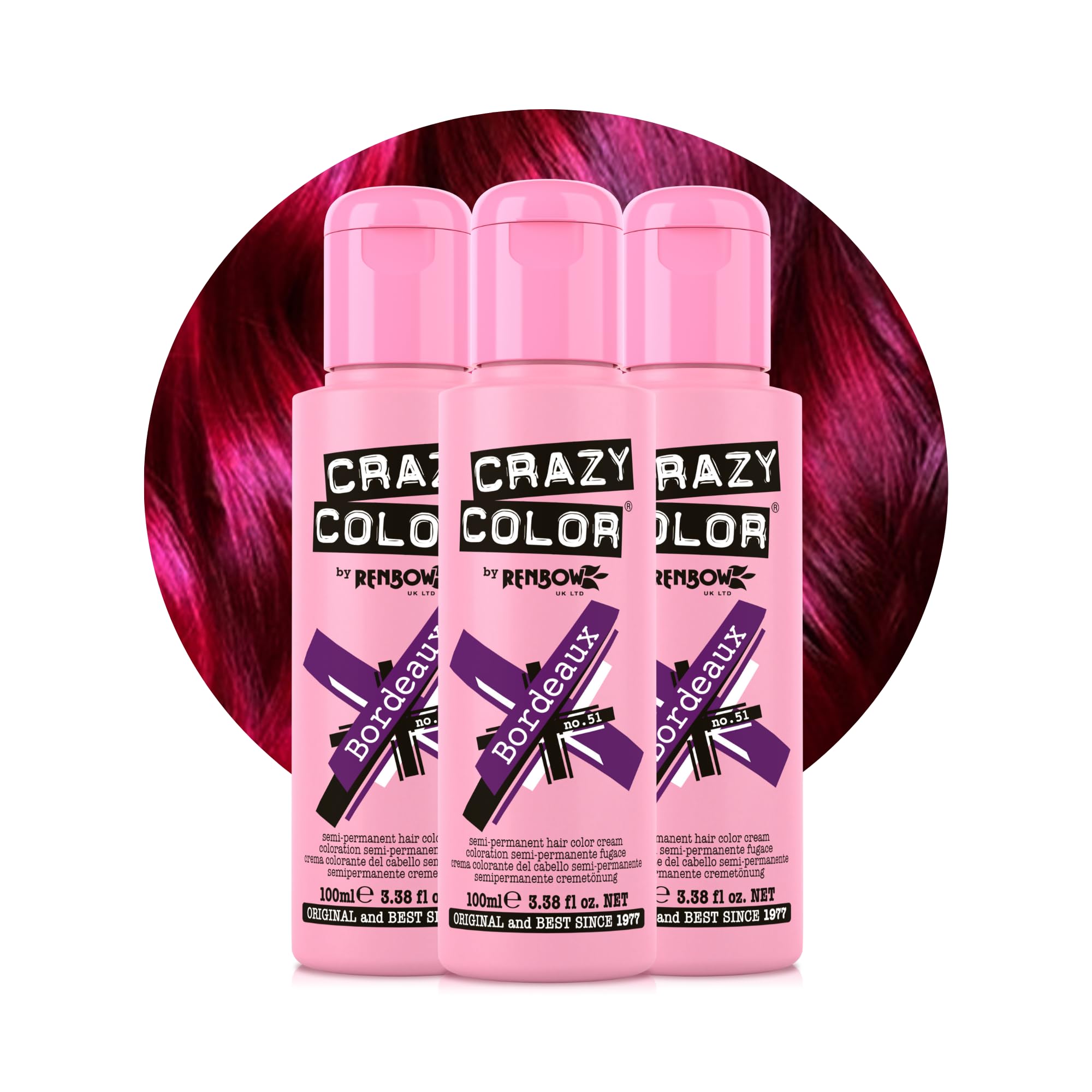 Crazy Color Vibrant Bordeaux Semi-Permanent Trio Hair Dye. Highly Pigmented Plum Wine Conditioning & Oil Nourishing Vegan Formula | No Bleach Or Ammonia | 300Ml