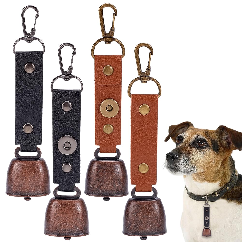 CALFOVERA 2 Colors 4PCS PU Leather Dog Cowbell Loud Hiking Bells Pendant Keychain Pet Bronze Bells Tracker Noise Maker Multi Functional with Alloy Lobster Clasp for Camping Climbing Dog Accessories