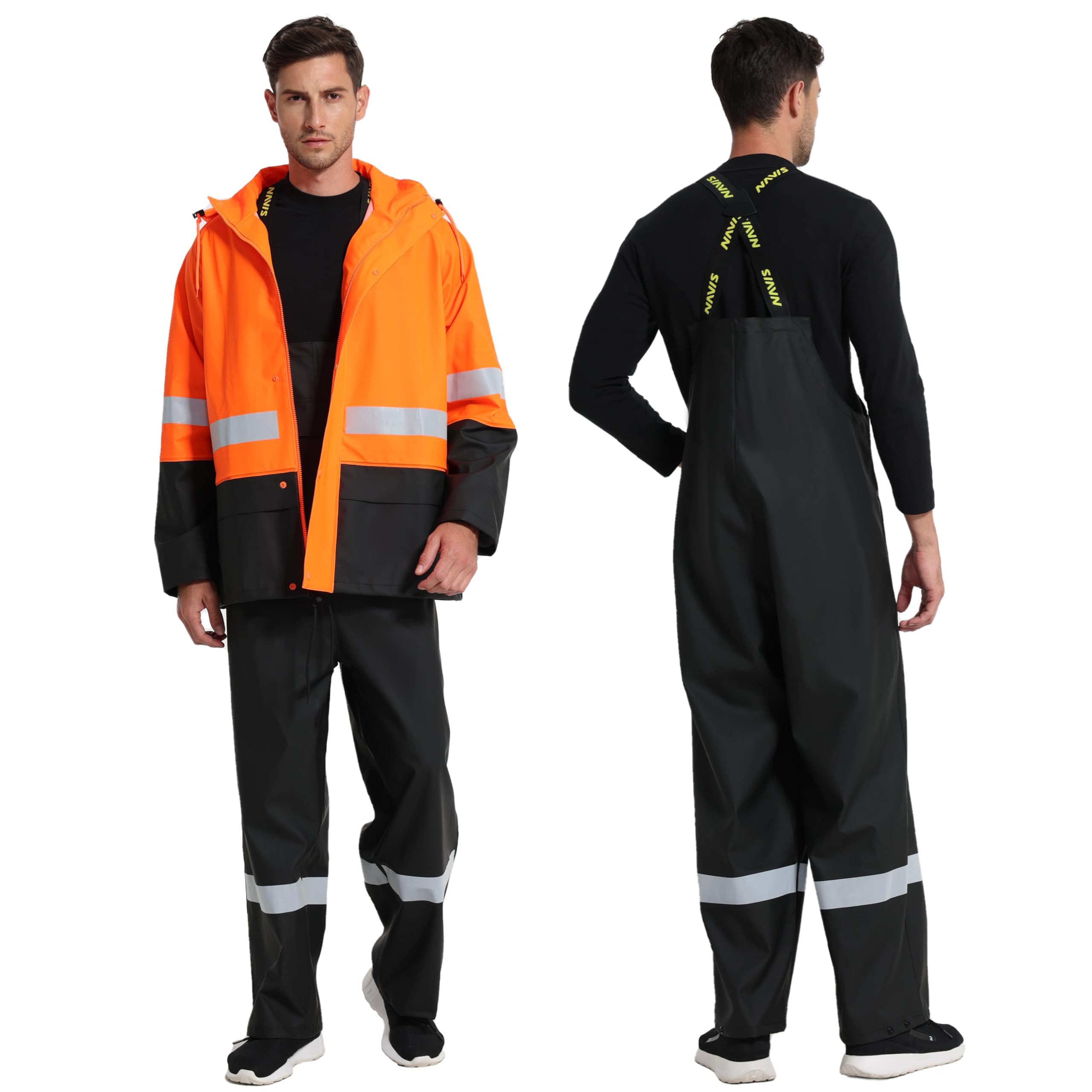 Regenanzug Herren Warnschutz Wasserdicht - PU Regenjacke & Latzhose, Regenbekleidung mit 360° Reflektoren. Ideal für Baustelle, Landwirtschaft, Outdoor