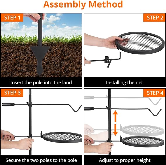 Swivel Campfire Grill, 34cm Open Fire Grate Pit,Over Fire Camp Grill with Carrying Bag, Adjustable Swivel Grill-Grate and Hanger Rod for Outdoor Camping Barbecue (Pot Not Included)