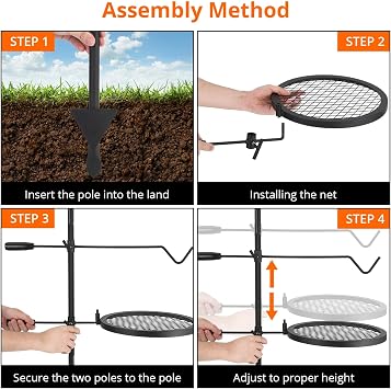 Swivel Campfire Grill, 34cm Open Fire Grate Pit,Over Fire Camp Grill with Carrying Bag, Adjustable Swivel Grill-Grate and Hanger Rod for Outdoor Camping Barbecue (Pot Not Included)