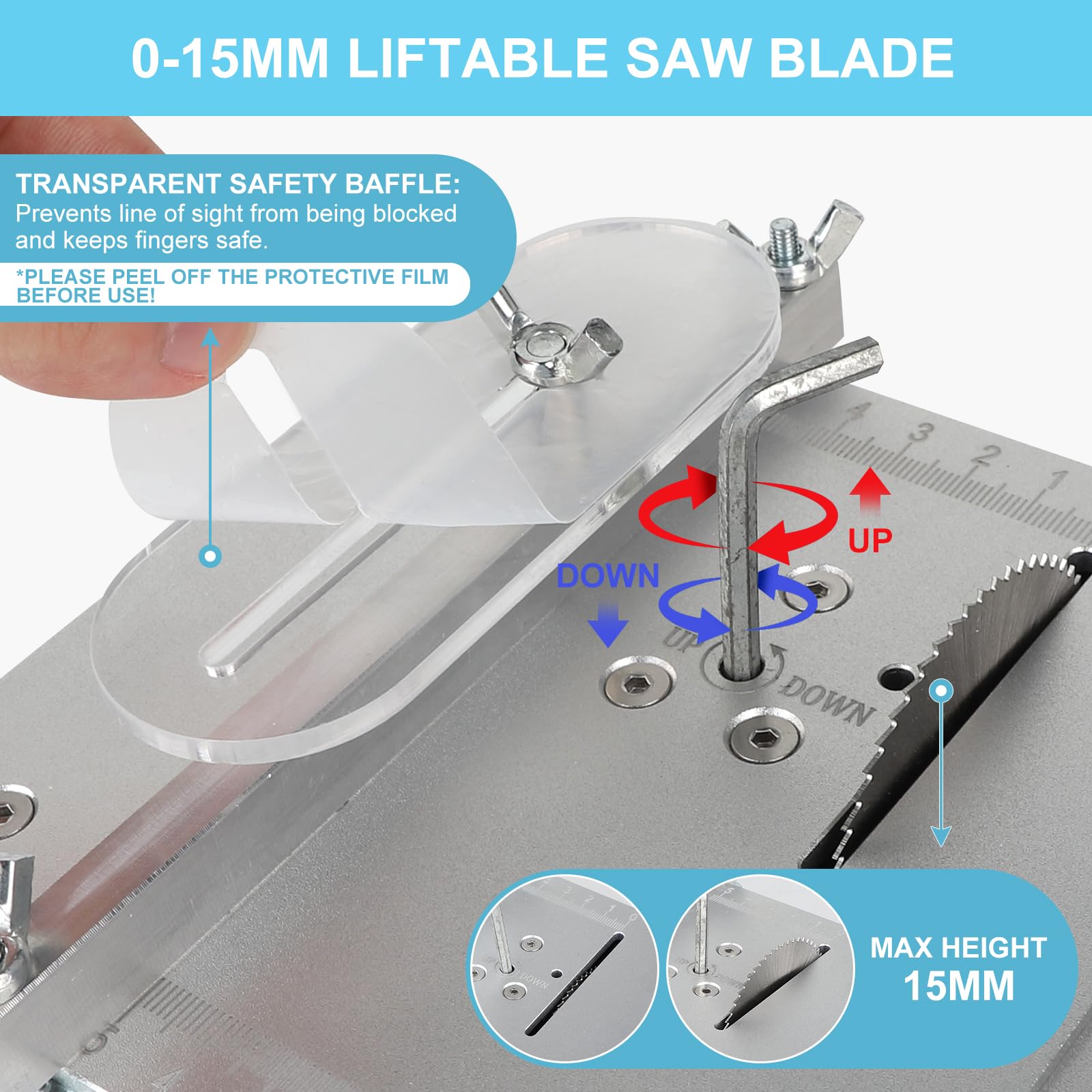 EFUTURETIME 96W Mini Scie Circulaire de Table avec 4 Lames, Coupe Réglable 0-10 mm, Alimentation Électrique