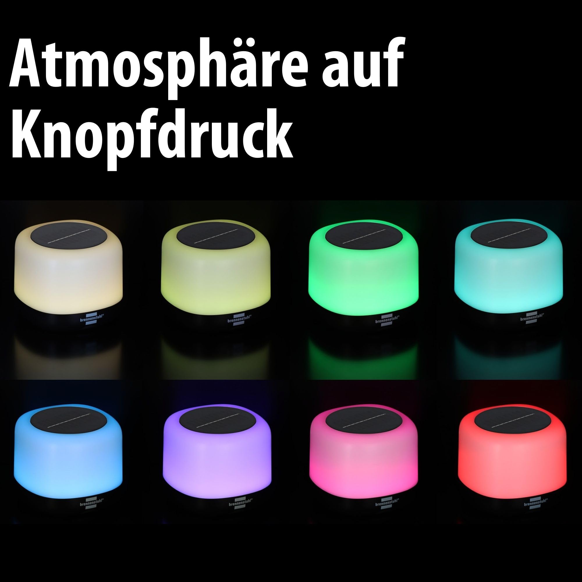 Brennenstuhl Akku Solar LED Outdoor Leuchte RGB GL 100 ASR | Campinglampe IP44 mit 340lm, 10%-50%-100% warmweiß – RGB Farbwechsel, bis zu 85h Leuchtdauer, Powerbank, austauschbarer Akku