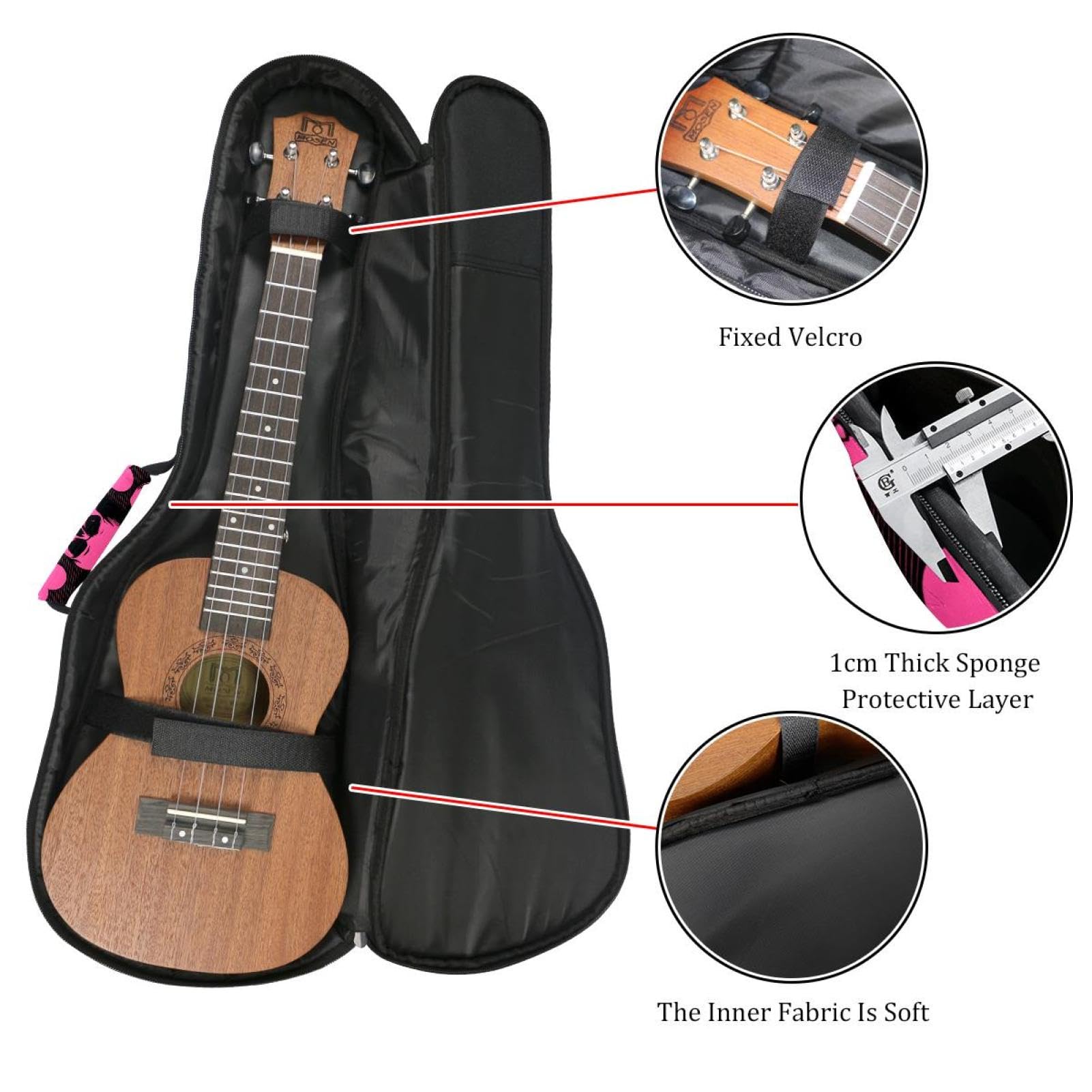 Pink Skulls and Hearts Black Background Ukulele Case, Padded Bag for 23 Inch Concert Ukulele, Waterproof & Durable