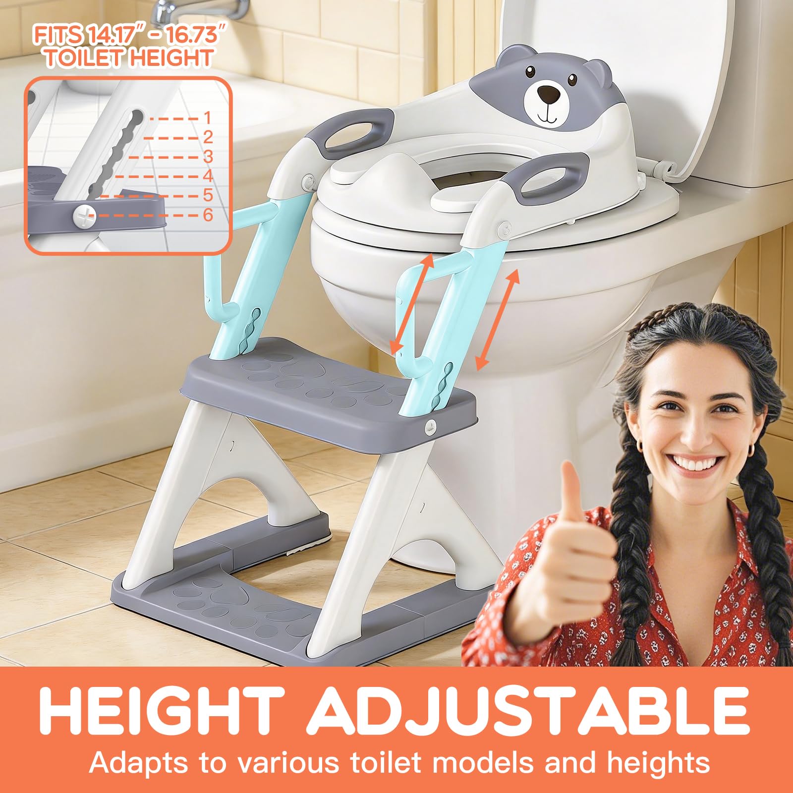 SKYROKU 8899Pro - Sedile WC per bambini, ragazzi e ragazze, 2 in 1, con paraspruzzi, antiscivolo, più sicuro e comodo (8899Pro, grigio)