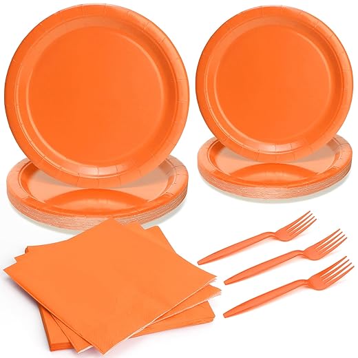 96pcs Disposable Solid Tableware Set Paper Plates Round for 24 Guests Party Table Supplies Birthday Picnic Wedding (Include Plates, Forks and Napkins) - Orange