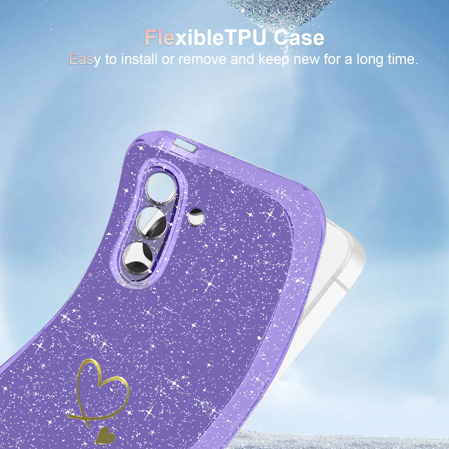 Cover Compatibile con Samsung Galaxy S25 FE 5G ((Non per S25), con 3 Pezzi Vetro Temperato Pellicola Protettiva, Glitter e Antimpronta Custodia, Antigraffio e Morbido Caso - Viola