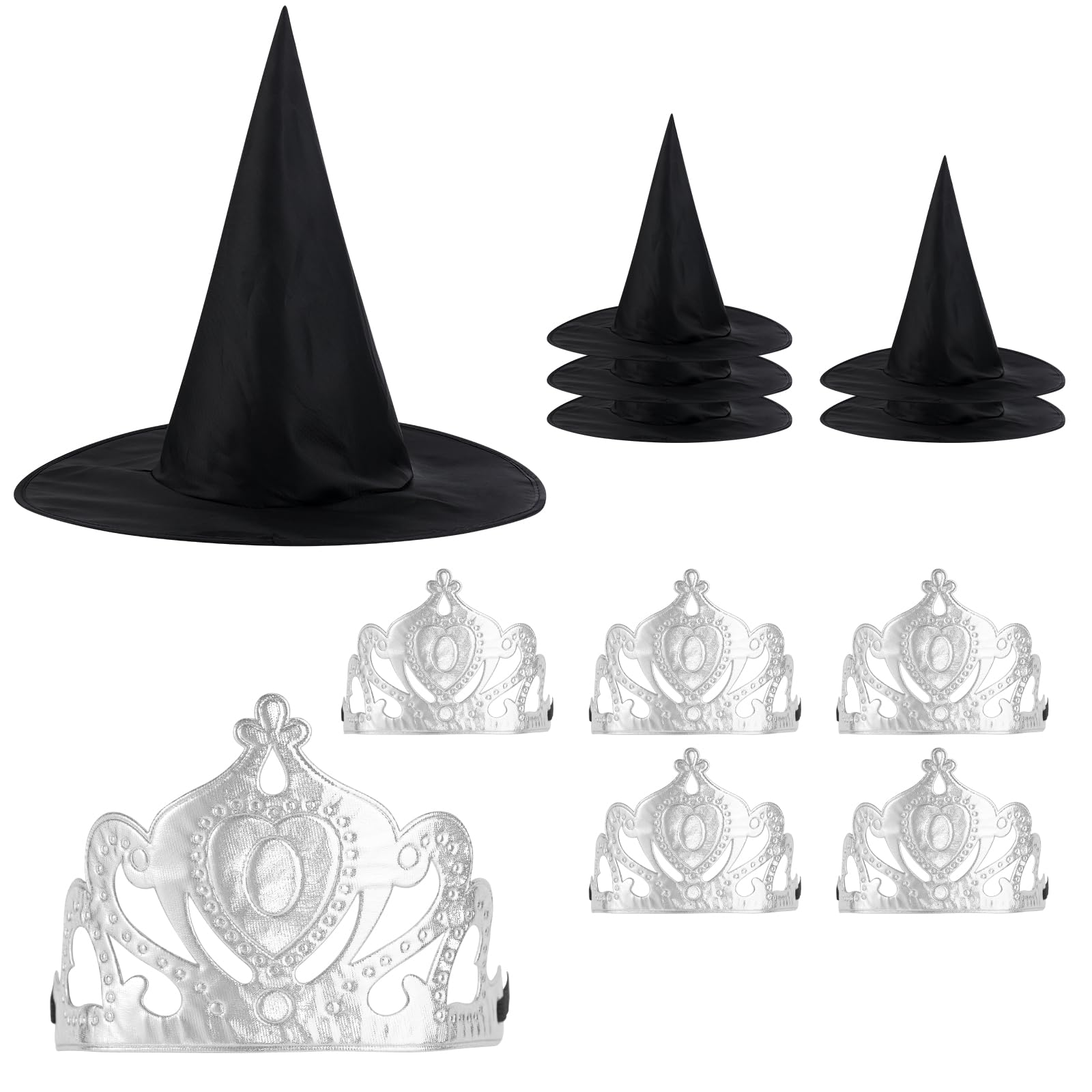 10pcs Princess Crowns and Witch Hats Set, Include 5pcs Silver Princess Crowns with Elastic Band and 5pcs Wired Black Witch Hats for Halloween Party Dress-Up Night Costume Accessory