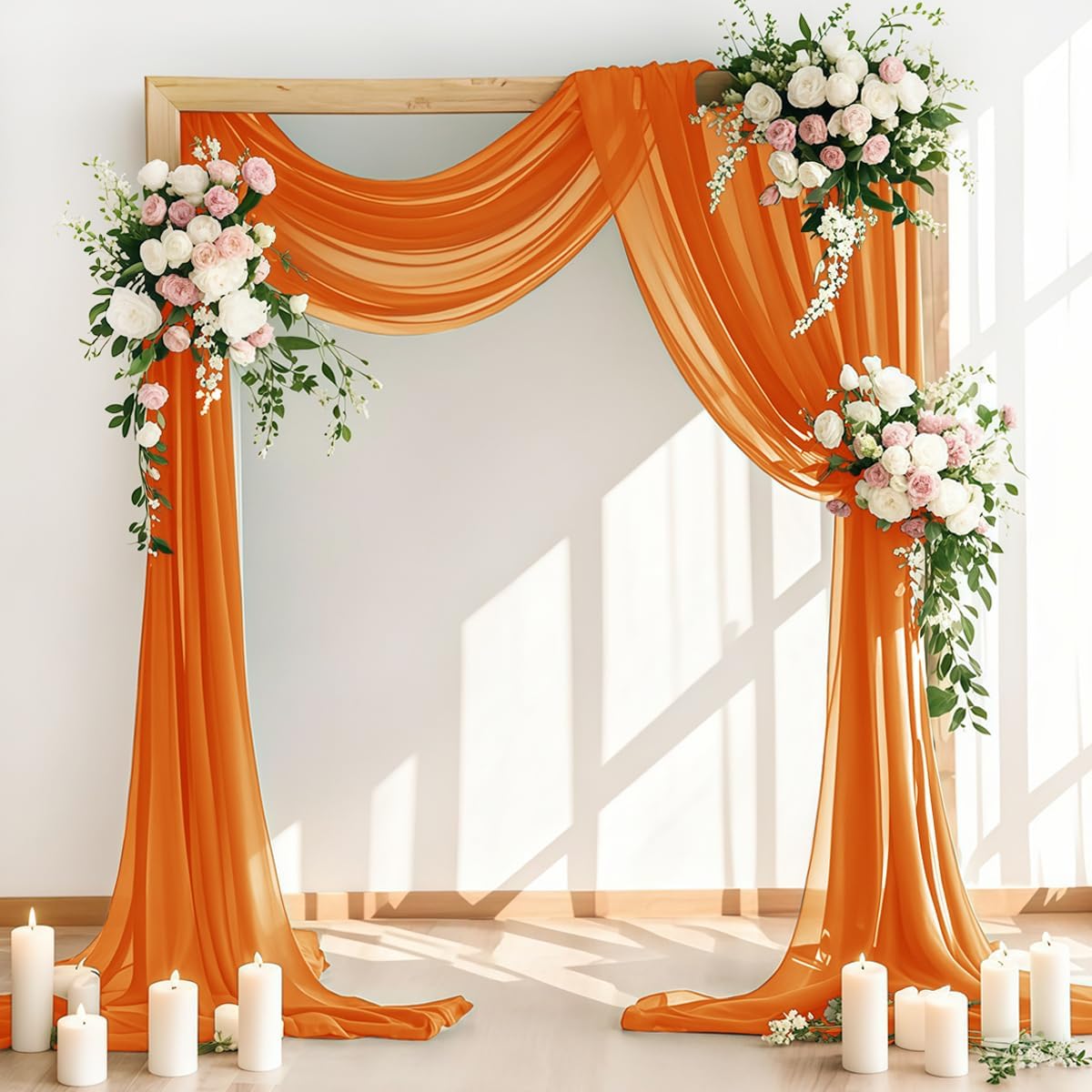 LINXTAR Wedding Arch Draping Fabric 30'' x 18FT Sheer Chiffon Arch Drape Backdrop 2 Panel Orange Drapes for Easter Bridal Shower Baby Shower Photo Booth Church Decor Birthday Party Outdoor Decoration