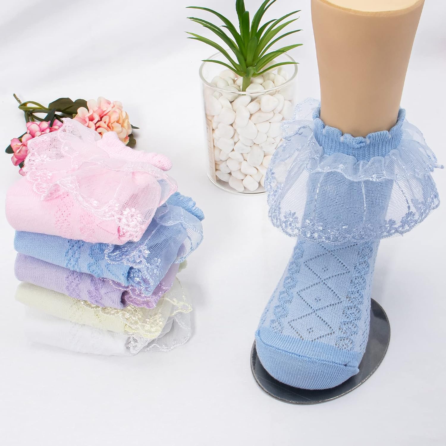 Looching 5 Pairs Toddler Baby Girls Ruffle Lace Socks Eyelet Mesh Cotton Frilly Ankle Soft Dress Kids Princess Socks 2-13T - Image 3