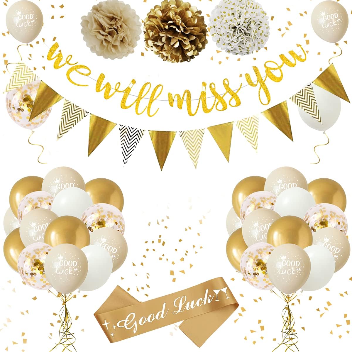We Will Miss You Banner Gold Sand White Party Decorations with Good Luck Balloons Gold Triangle Flag Banner Confetti Balloon for Retirement Graduation Leaving Party Going Away Farewell Decorations