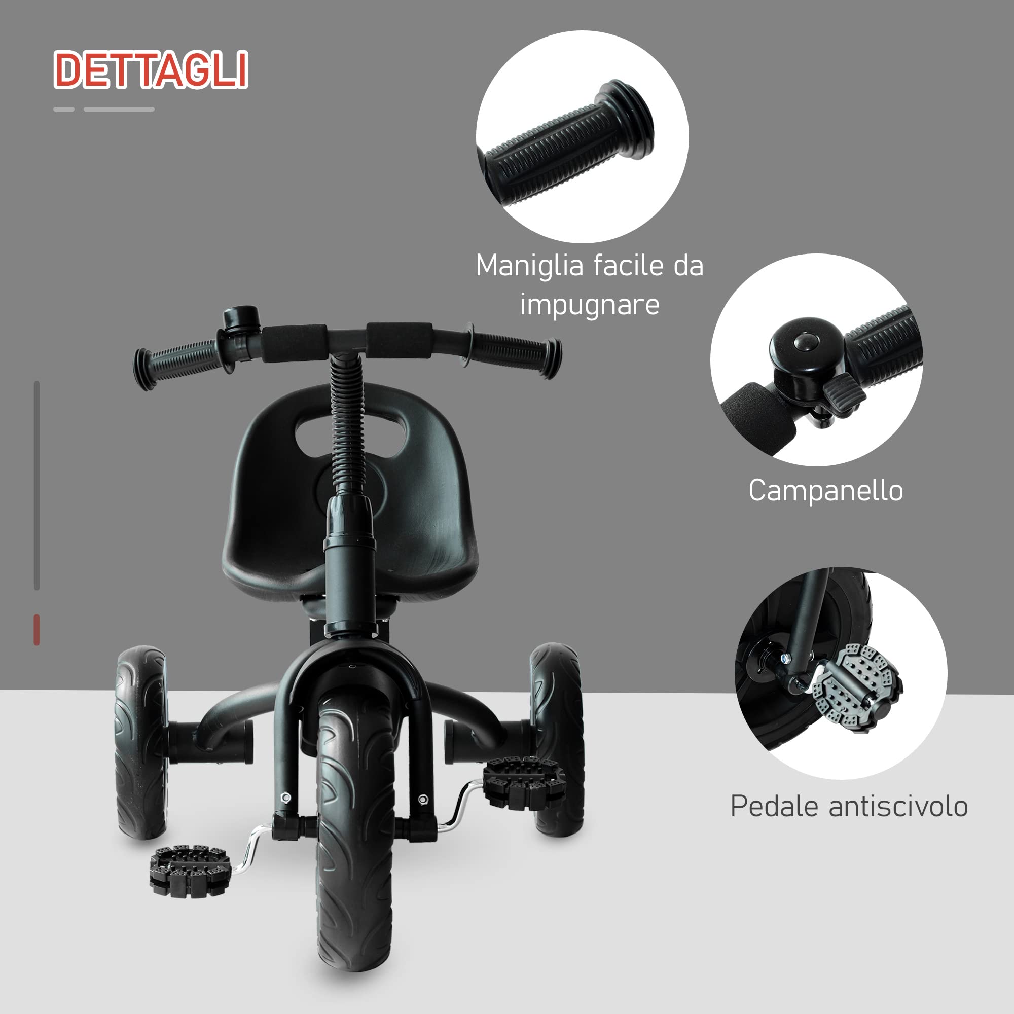 HOMCOM Triciclo per Bimbo con Campanello, Parafango, Ruota Speciale, Nero, 79x50.5x58cm