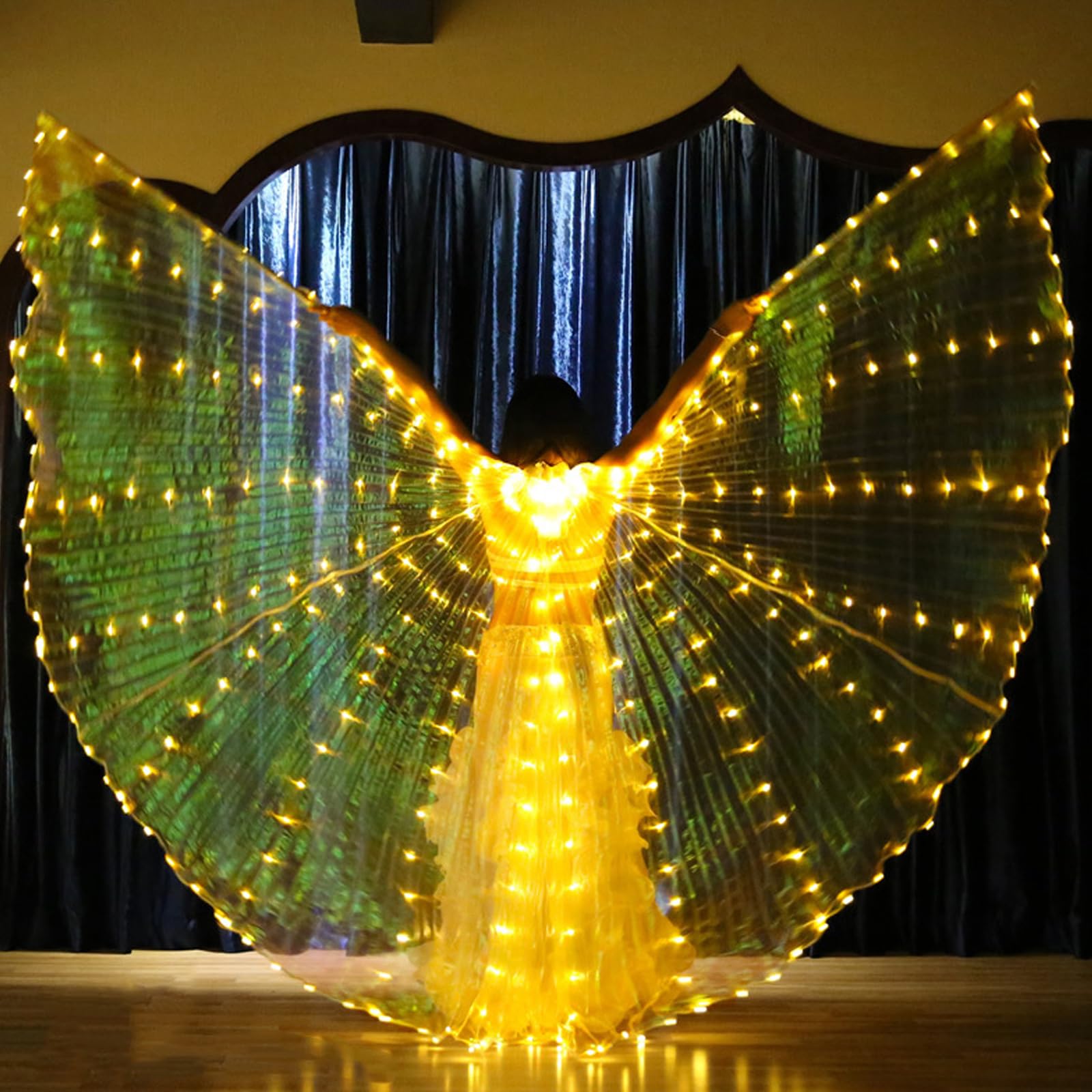 LED Isis Wings, Belly Dance Wings, Colorful LED Butterfly Wings with Telescopic Sticks, Luminous Performance Costume Clothes for Carnival, Stage, Christmas (Yellow Light (Adult))