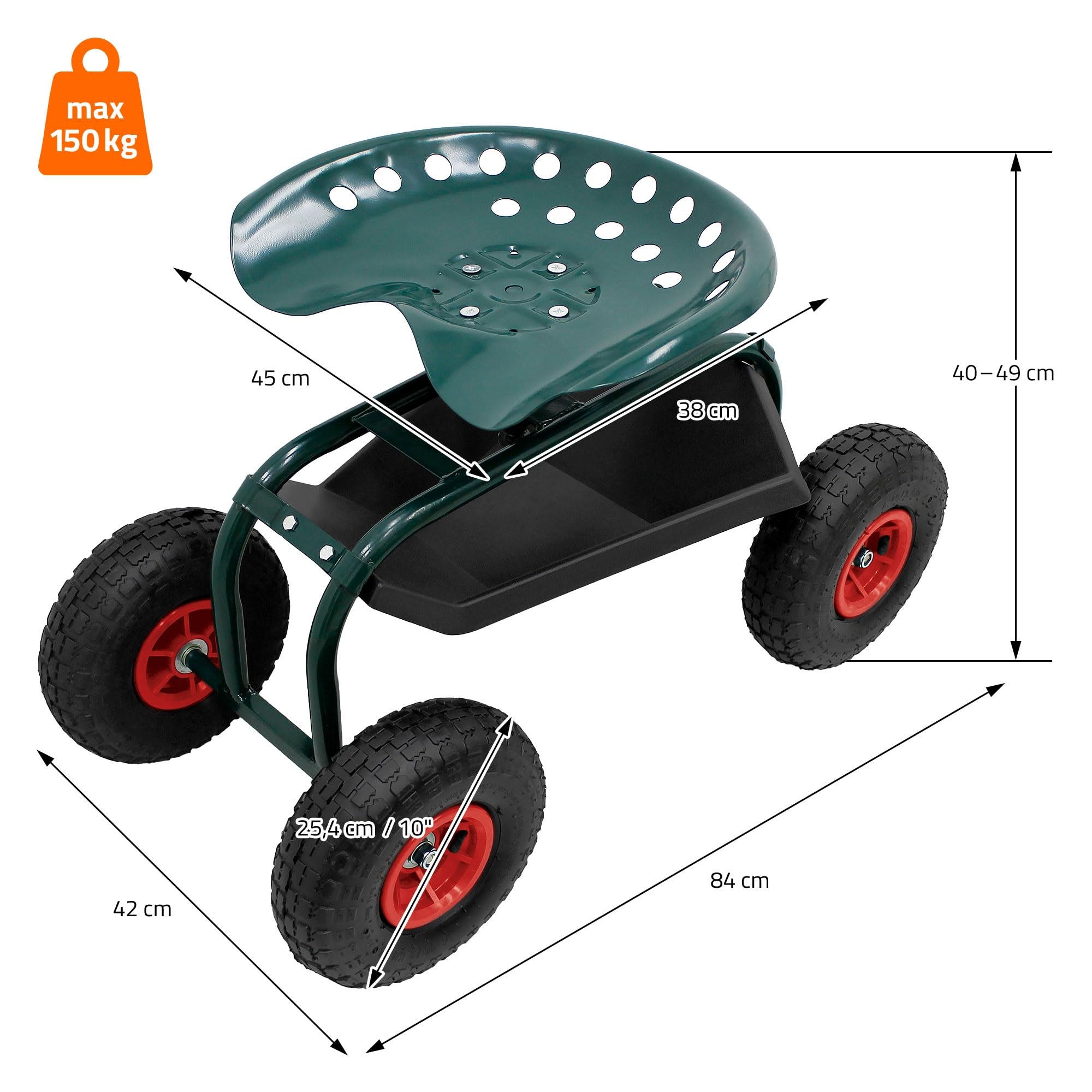 ECD Germany siedzisko ogrodowe na kólkach obrotowe 360 stopni regulowane wysokosc siedzisko stalowe do 150 kg mobilny wózek ogrodowy z pólka szerokie opony do prac ogrodniczych i pielegnacji samochodu