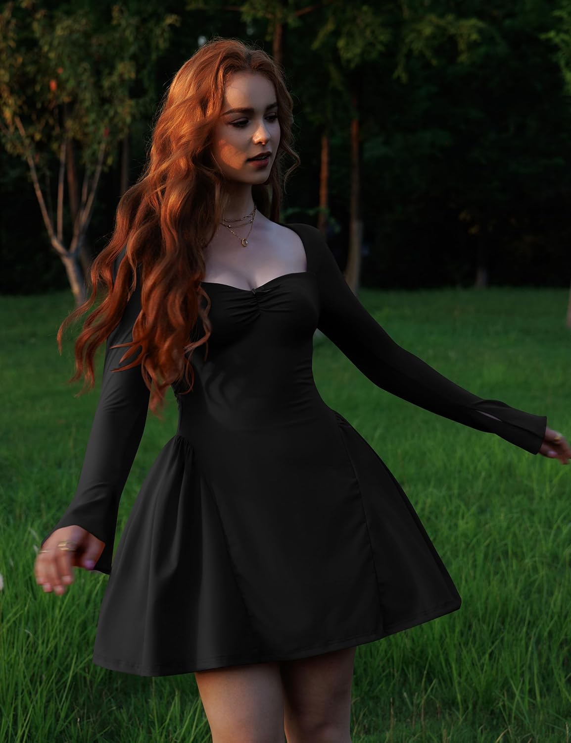 YMDUCH Women's Sexy Long Sleeve Sweetheart Neck A-line Ruffle Hem Party Club Mini Dress - Image 5