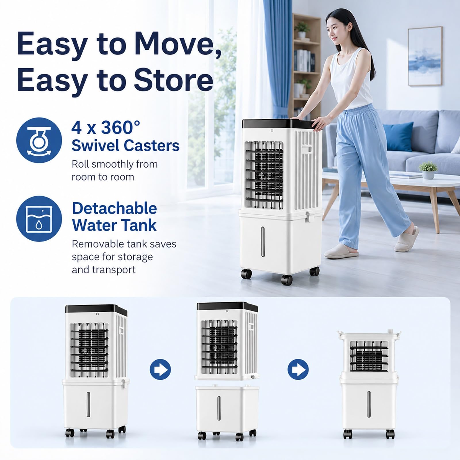 Enfriador de Aire Portátil, Climatizador Evaporativo con Depósito de Agua 15L, 3 Velocidades, Temporizador 7.5H, Mando a Distancia, Oscilación 90°