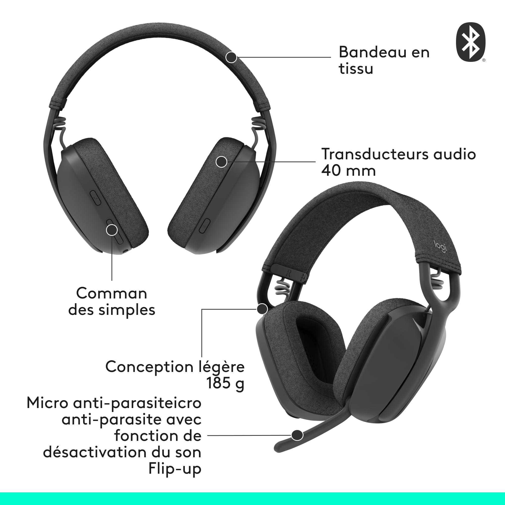 Logitech Zone Vibe 100 Lightweight Wireless Headphones with Noise Cancelling Mic - Advanced Multipoint Bluetooth Earbuds, Teams, Google Meet, Zoom, Mac/PC - Grey
