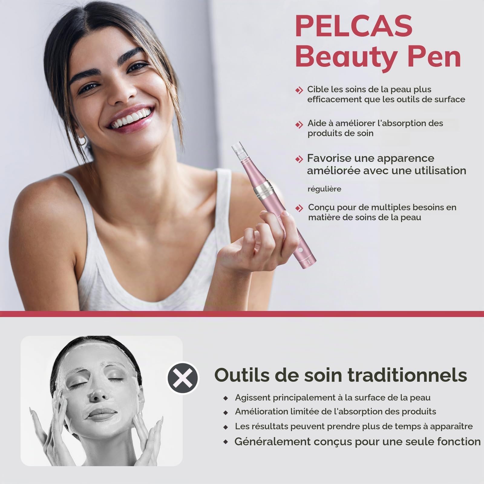 PELCAS Microneedling pour Visage, Stylo Beauté Microneedling avec 12 Cartouches & 3 Vitesses - Soin Visage/Cou/Contour des Yeux, Peau Éclatante