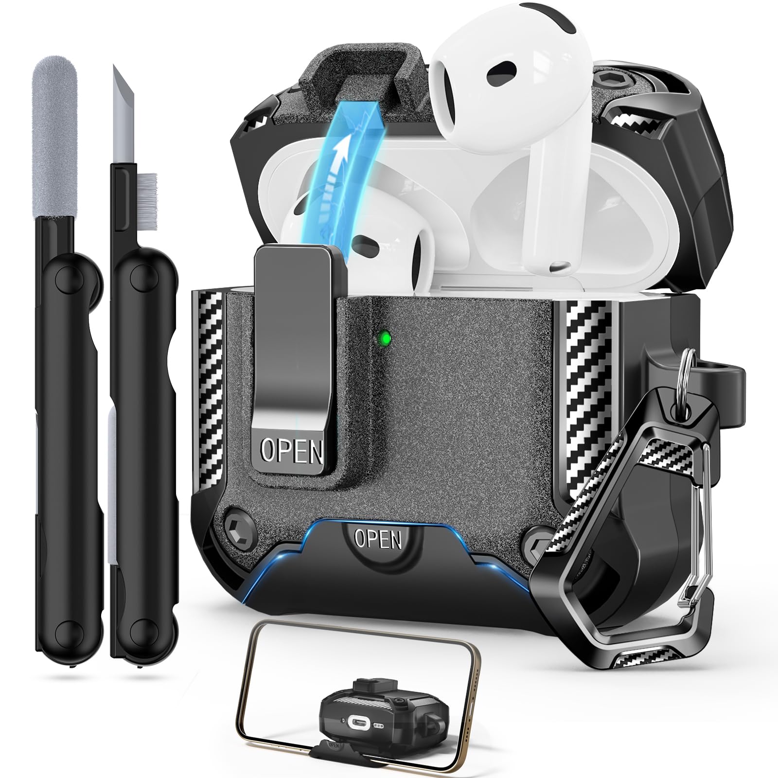 Secure Lock Case for AirPods 4 with Phone Stand, Cleaning Kit &amp; Keychain, Shockproof Protective Cover Compatible with Apple AirPods 4th Gen 2024 for Men Women, Anti-Scratch