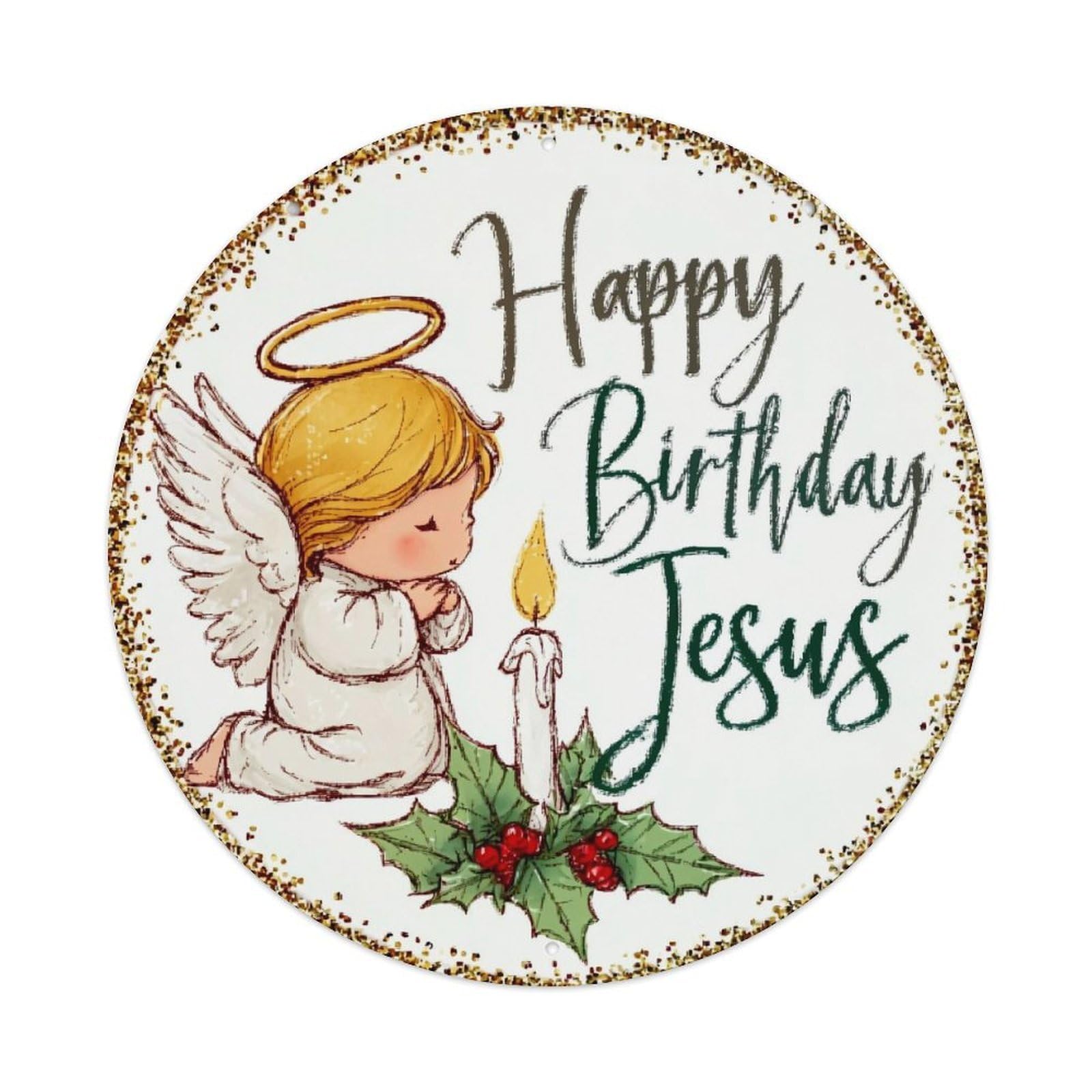 Happy Birthday Jesus Angel Candle Vintage Metal Tin Sign Retro Wall Decor for Home Bar Garage Cafe, Indoor & Outdoor Decorative，circle Metal Poster, 8x8 Inch
