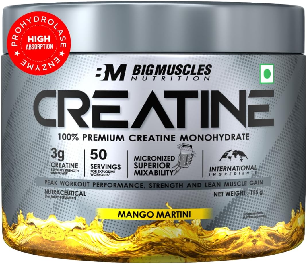 Bigmuscles Nutrition Creatine [155g, 50 Servings]|Mango Martini | Micronized Creatine Monohydrate To Support Lean Muscle Repair & Recovery|Increase Strength&Athletic Performance,Powder, 1 count