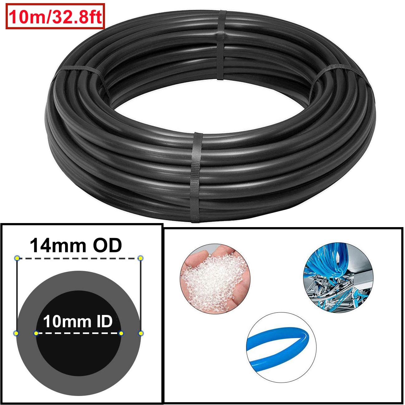 HUAZIZ Tubo pneumatico in poliuretano nero, 10 m, tubo flessibile per aria compressa, esterno 14 mm x interno 10 mm + 1 tagliatubi blu + 1 nastro in teflon rosa