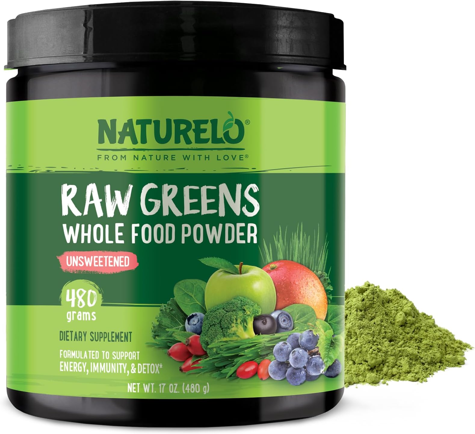 NATURELO Raw Greens Superfood Powder - Unsweetened - Boost Energy, Detox, Enhance Health - Organic Spirulina - Wheat Grass - Whole Food Nutrition from Fruits & Vegetables - 480 Grams