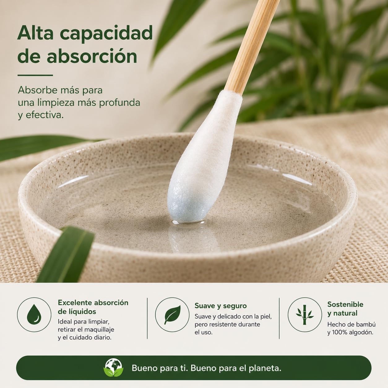 Bastoncillos oidos de bambú y algodón 6 x 200 uds (1200) | Biodegradables, sin plástico, ideales para maquillaje, bebés y limpieza diaria | Caja con apertura práctica e higiénica | Extendio