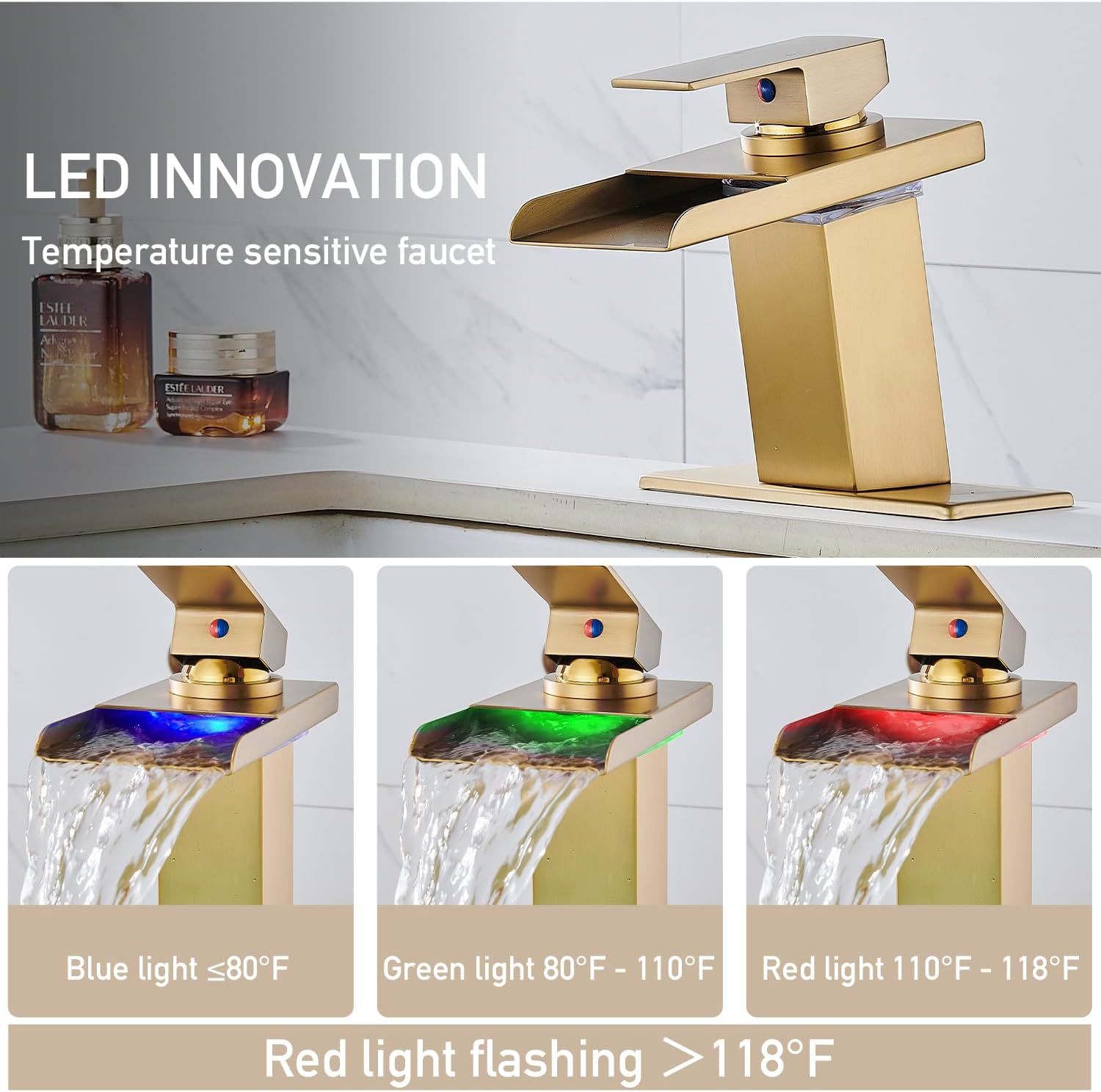 AVSIILE LED Bathroom Sink Faucet, Brushed Gold, Stainless Steel Spout