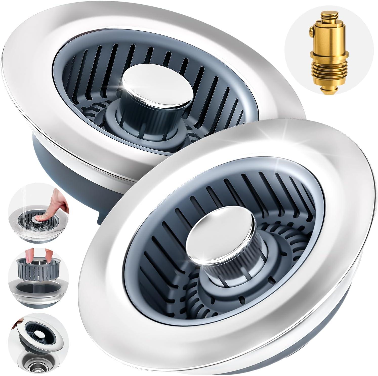 zaa 2 Pack 3 in1 Kitchen Sink Drain Strainer & Sink Stopper, Pop Up Stainless Steel Kitchen Drain Plug & Cover with Anti-Clogging Basket Strainer, Fit US Standard 3-1/2'' Drain Hole product image