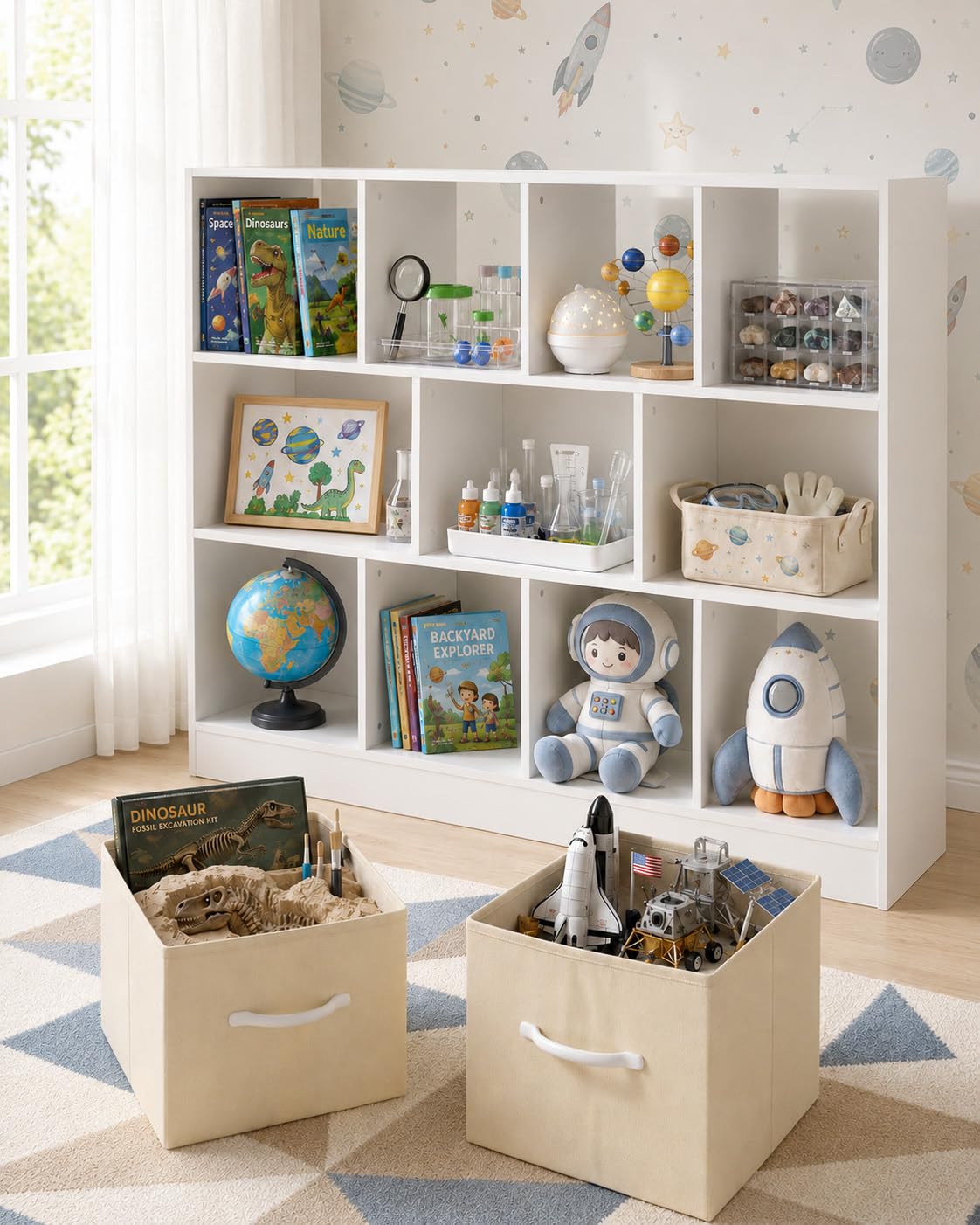 Montessori Bibliotheque Enfant Blanc avec Passe-Cable, Grand Meuble Rangement Jouet Enfant, Etagere de Chambre Separateur de Piece Anti-basculement,126x30x100cm
